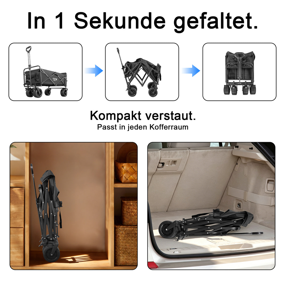 Angel Living Bollerwagen Faltbar 350L mit tragkraft bis150KG, Handwagen Klappbar, Faltbarer Campingwagen mit höhenverstellbarem Griff und hinterer Türöffnung, leicht und platzsparend, stabil