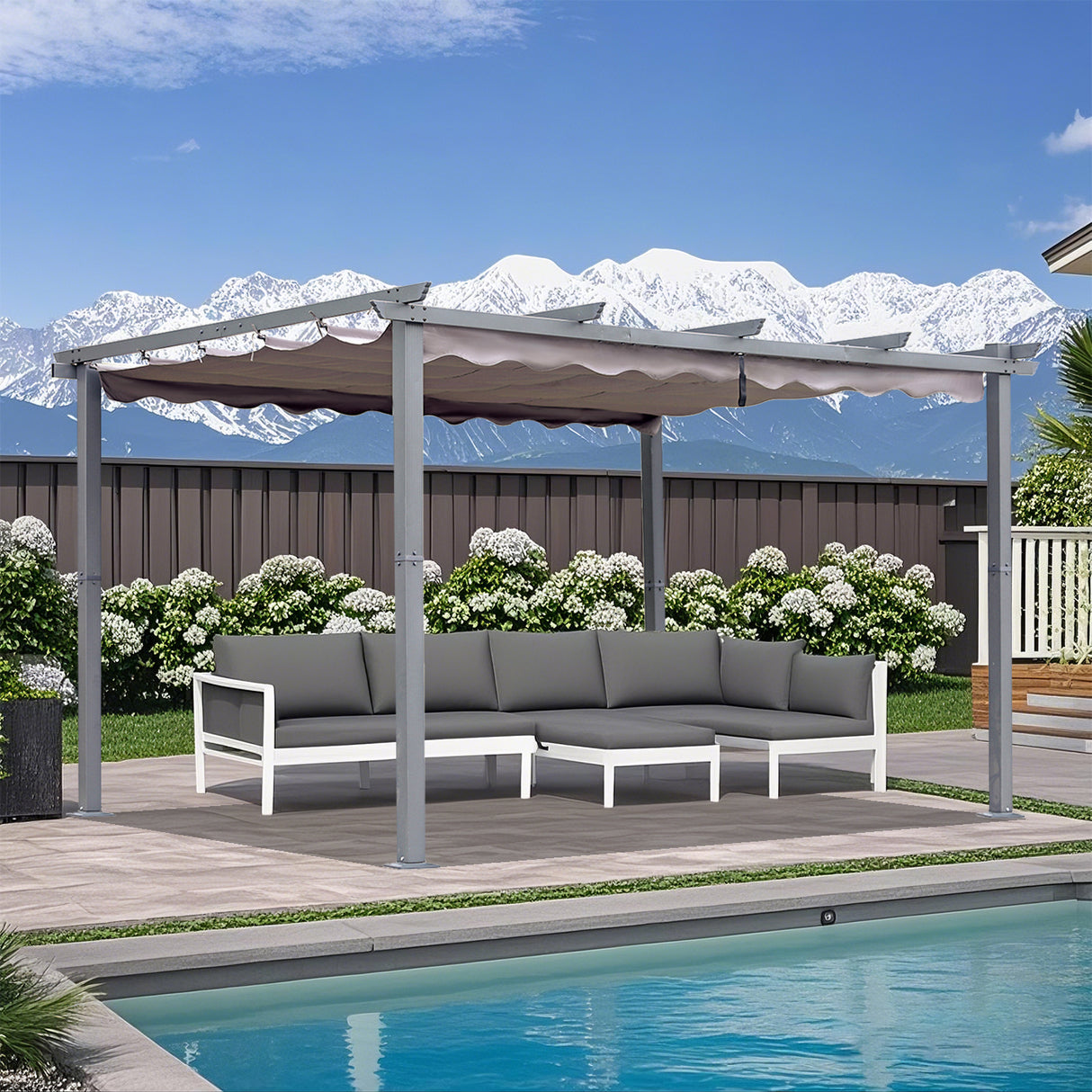 Pergola aus Aluminium in anthrazit, Dachrohre aus Stahl, Verstellbares Dach aus Polyester