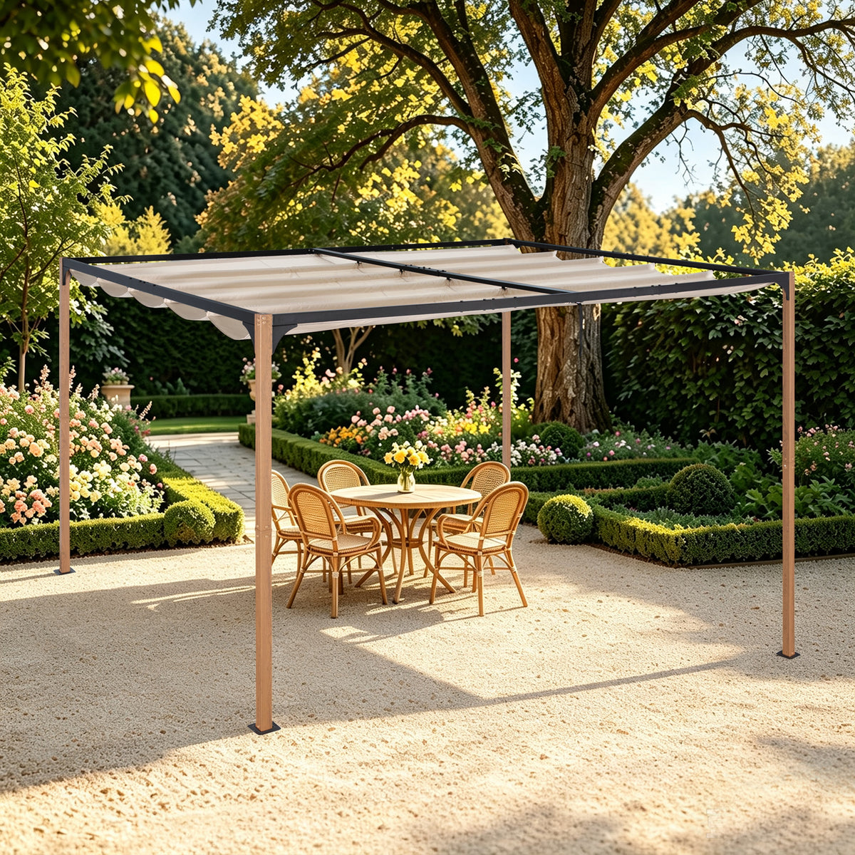 Angel Living Pergola aus einer Stahl-Aluminium-Kombination, 3 x 4 m, mit Einziehbarem Dach, Wasserdichtes Dach ohne Einfassung aus Polyester mit PU-Beschichtung, UV-beständig, für den Außenbereich: Garten, Terrasse (Cremegelb)