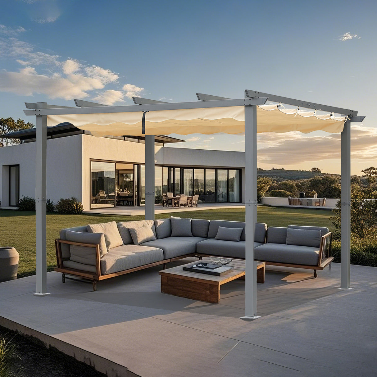 Pergola aus Aluminium in anthrazit, Dachrohre aus Stahl, Verstellbares Dach aus Polyester