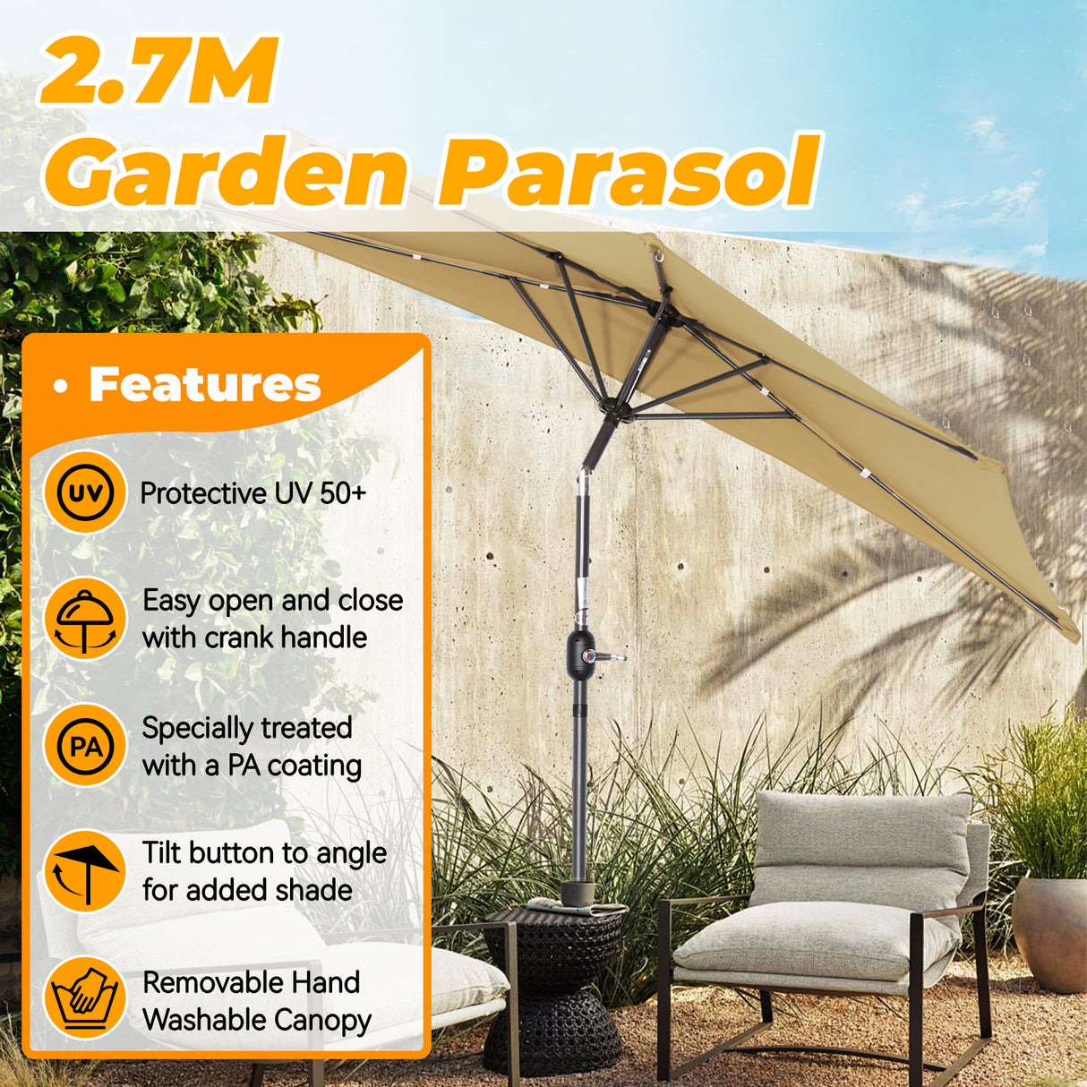 Angel Living 270cm semicircular parasol, market umbrella, patio umbrella with crank for garden, patios, courtyards, swimming pools, with UV protection 40+