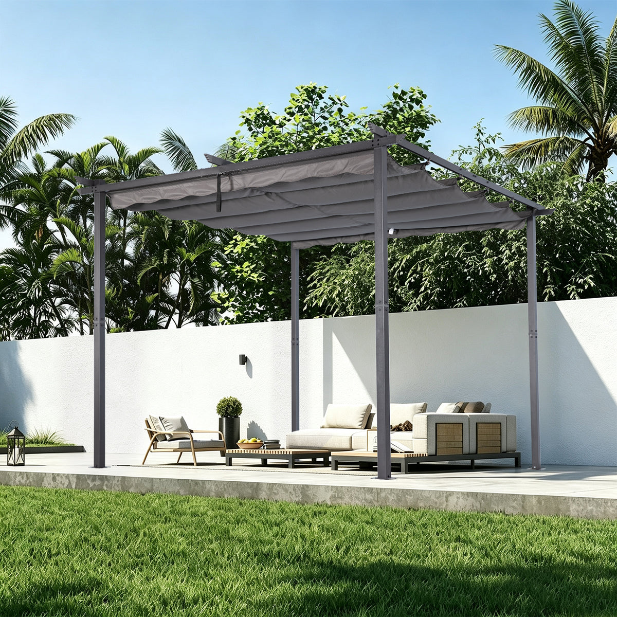 Angel Living Pergola aus einer Stahl-Aluminium-Kombination mit einziehbarem Dach, wasserdichtes Dach aus Polyester mit PU-Beschichtung, UV-beständig, für den Außenbereich: Garten, Terrasse
