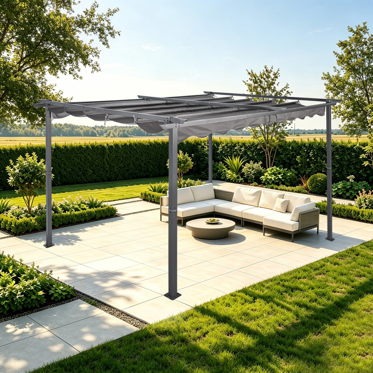 Angel Living Pergola aus einer Stahl-Aluminium-Kombination mit einziehbarem Dach, wasserdichtes Dach aus Polyester mit PU-Beschichtung, UV-beständig, für den Außenbereich: Garten, Terrasse