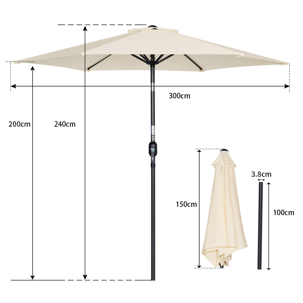 Caña de pescar Living la sombrilla Ø 300 cm de paraguas de jardín el paraguas de mercado el paraguas de terrazas Taupe aproximadamente el Paraguas solar la protección solar de aluminio y poliéster UV50