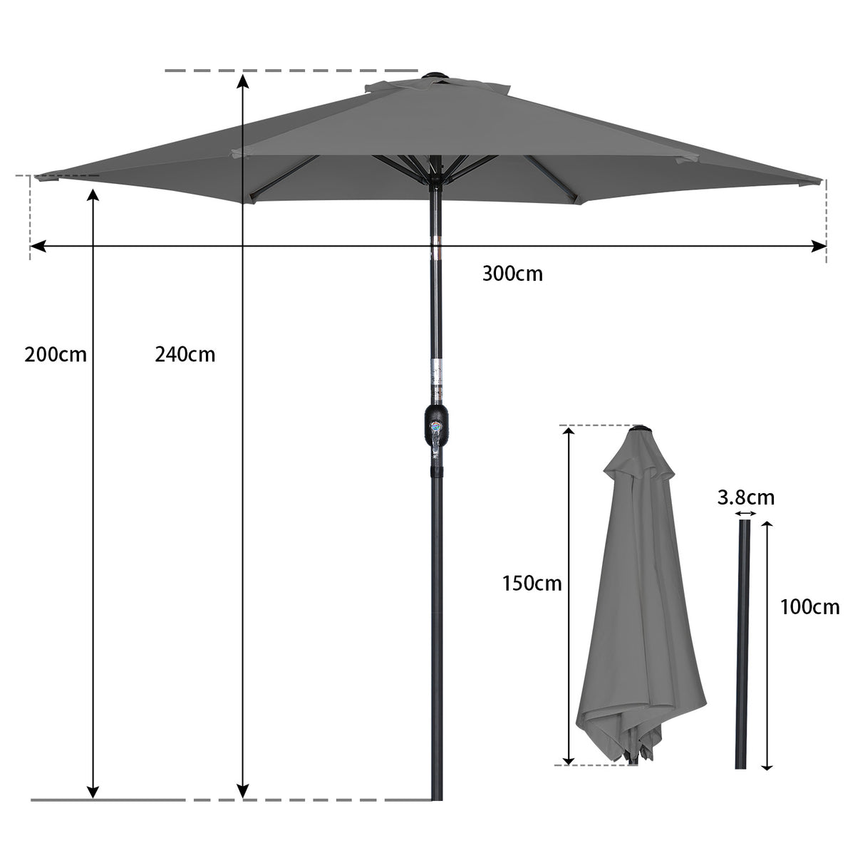 Angelo Living Parasol s 300 cm Giardino Umbrella Mercato Umbrella Umbrella Umbrella Taupe Round Sunshade Crema solare in alluminio e poliestere UV50