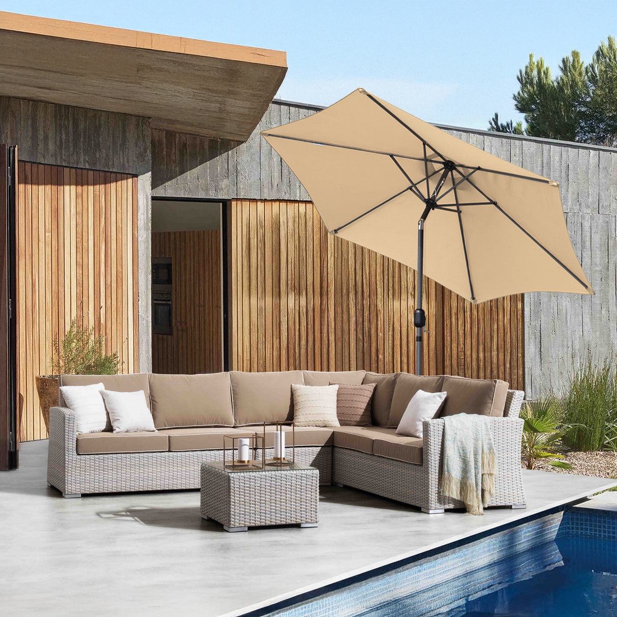 Angel Living Sonnenschirm Ø 270 cm Gartenschirm Marktschirm Terrassenschirm Taupe Rund Sonneschirm Sonnenschutz aus aus Metall, Stahl und Polyester UV50+