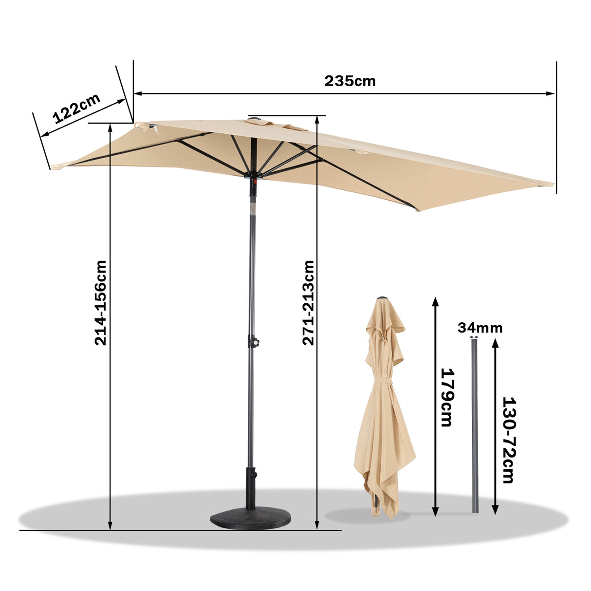 Angel Living Halbrunder Sonnenschirm 235x122cm für Balkon & Terrasse, Schwenkbar links/rechts, Aluminium-Kurbel, UV-Schutz