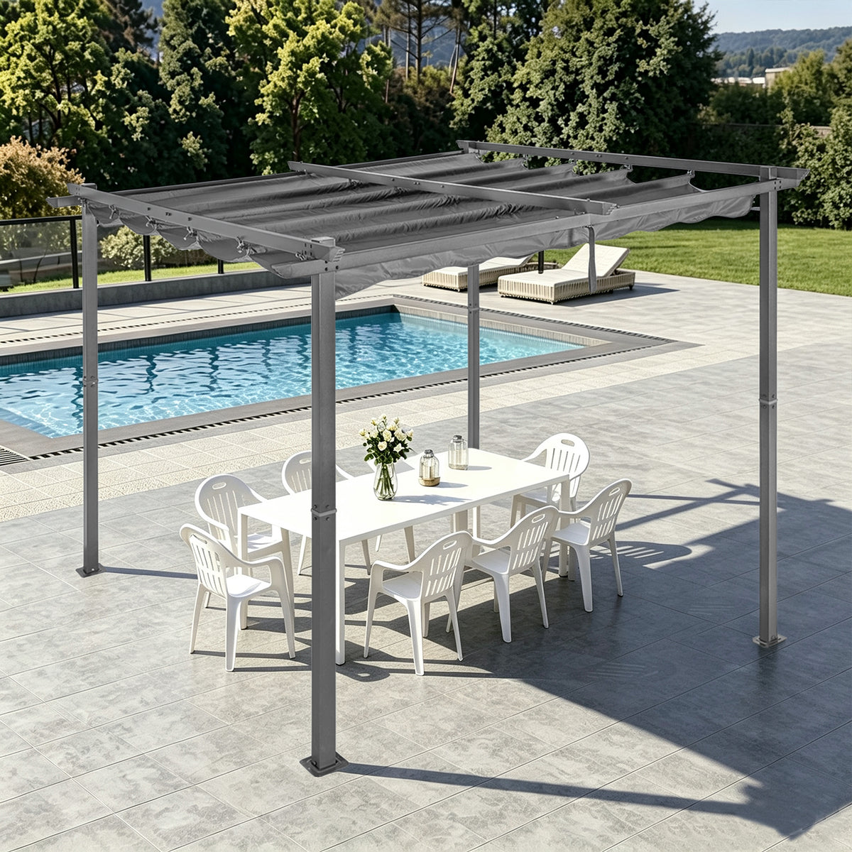 Angel Living Pergola aus einer Stahl-Aluminium-Kombination mit einziehbarem Dach, wasserdichtes Dach aus Polyester mit PU-Beschichtung, UV-beständig, für den Außenbereich: Garten, Terrasse