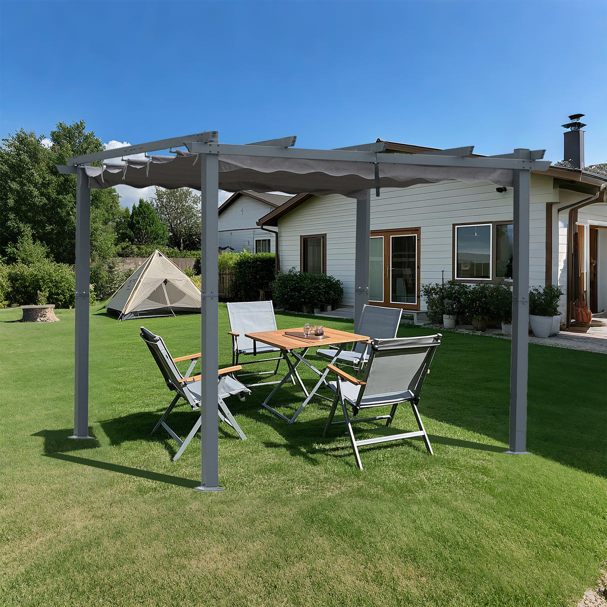 Pergola aus Aluminium in anthrazit, Dachrohre aus Stahl, Verstellbares Dach aus Polyester