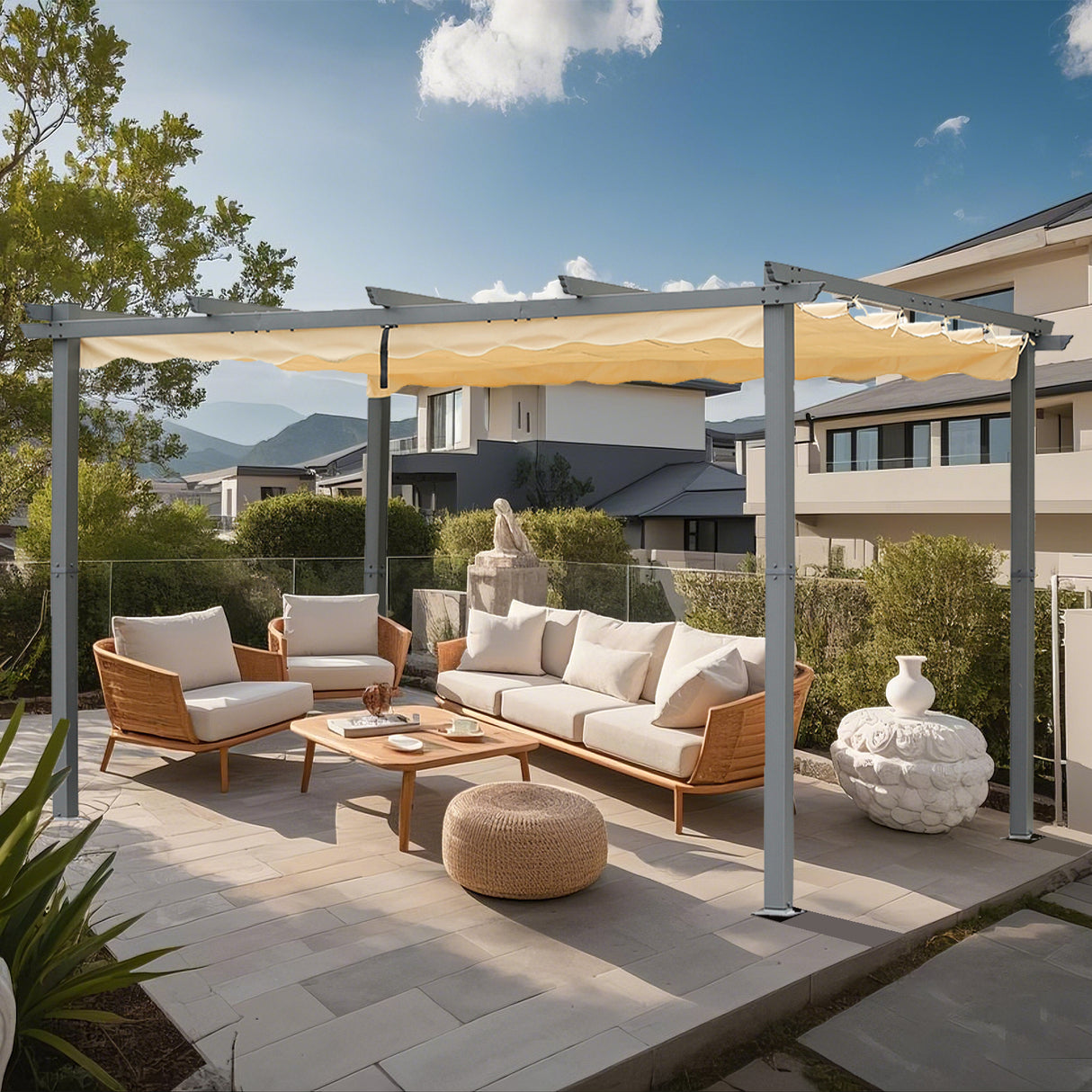 Pergola aus Aluminium in anthrazit, Dachrohre aus Stahl, Verstellbares Dach aus Polyester