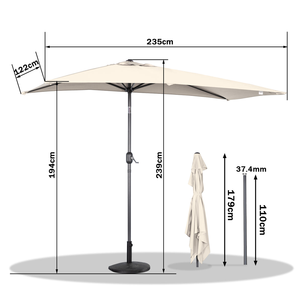 Angel Living Halbrunder Sonnenschirm 235x122cm für Balkon & Terrasse, Neigt Vorwärts/Rückwärts, Aluminium-Kurbel, UV-Schutz, Ideal für Garten, Terrasse, Balkon und Außenbereich