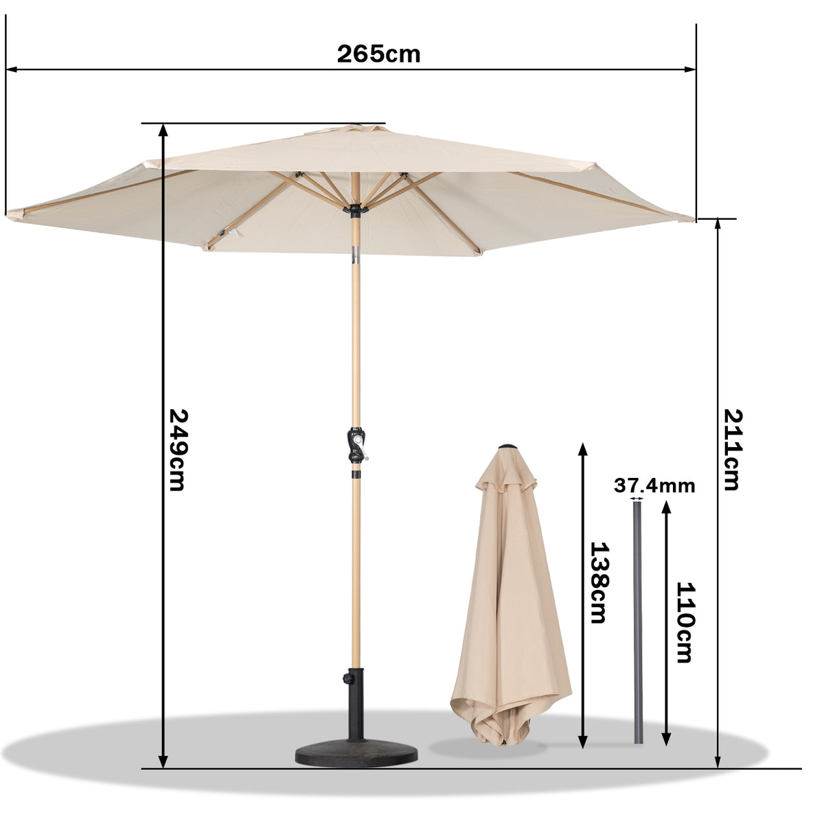 Angel Living Sonnenschirm Ø 270 cm Gartenschirm Marktschirm Terrassenschirm Taupe Rund Sonneschirm Sonnenschutz aus aus Metall, Stahl und Polyester UV50+