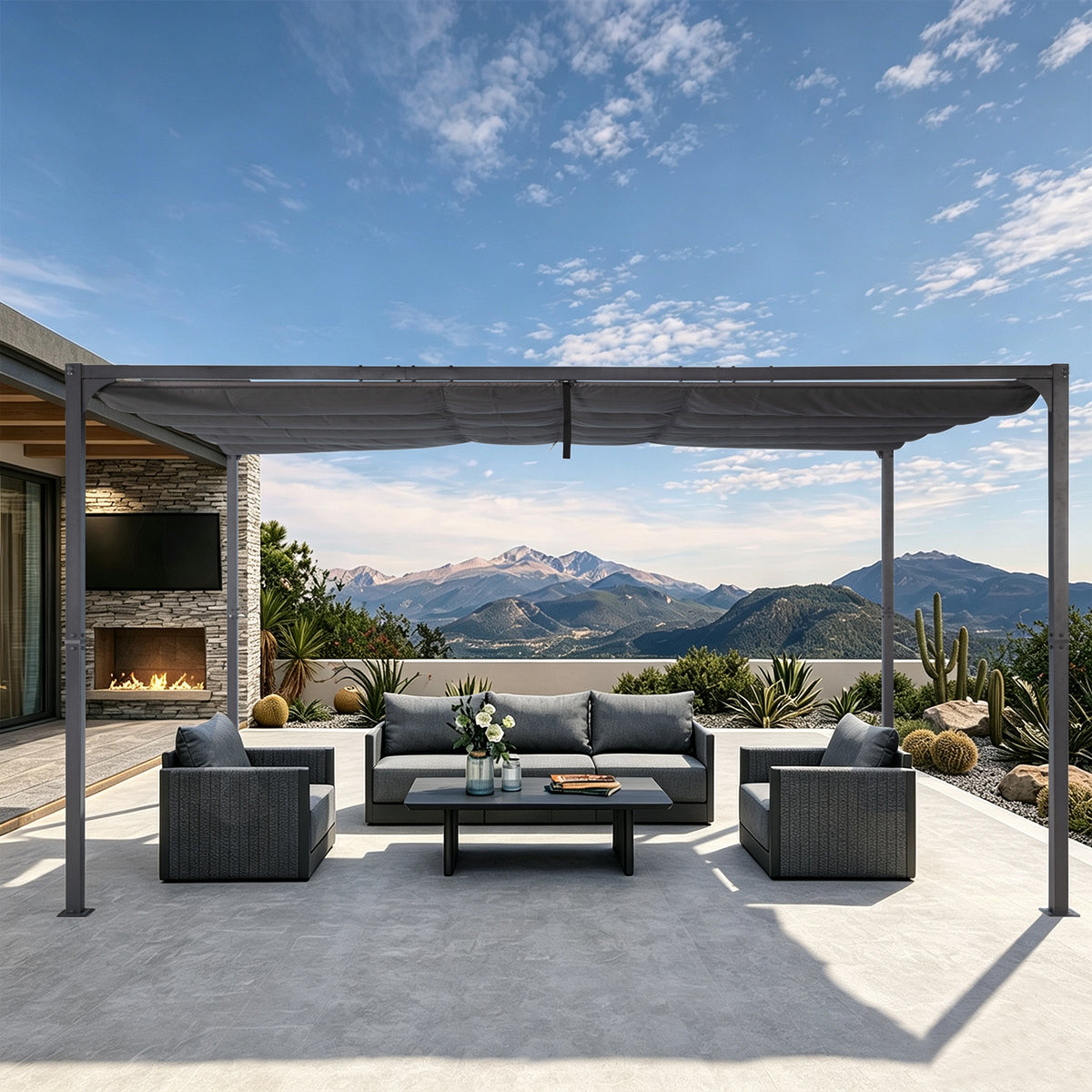 Angel Living Pergola aus einer Stahl-Aluminium-Kombination mit einziehbarem Dach, wasserdichtes Dach ohne Einfassung aus Polyester mit PU-Beschichtung, UV-beständig, für den Außenbereich: Garten, Terrasse