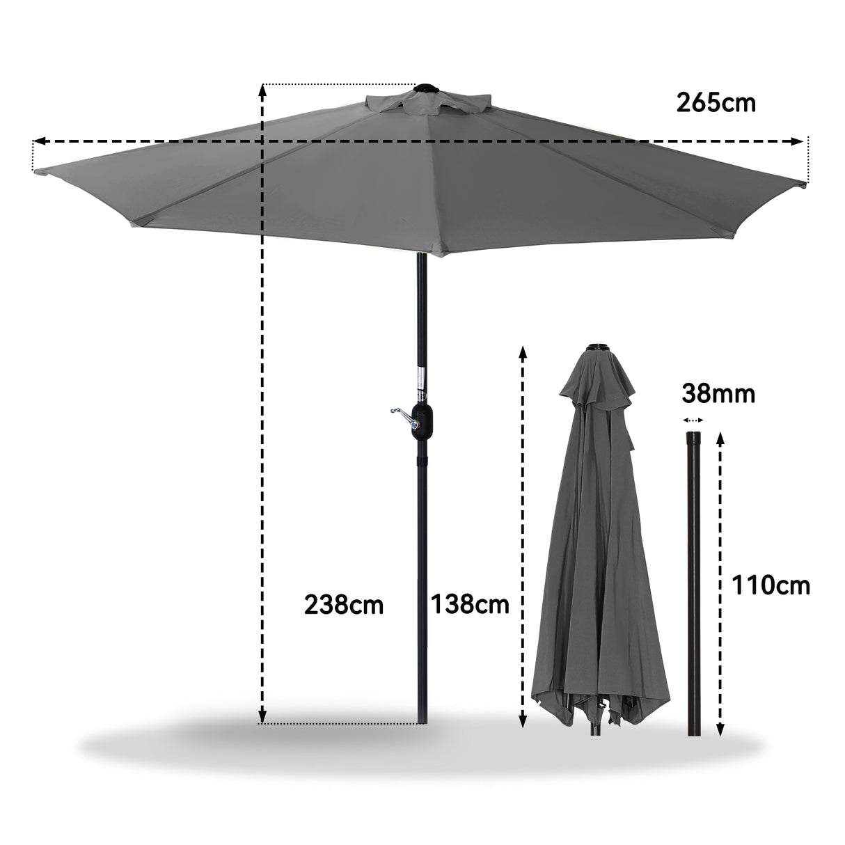 Angel Living 270cm semicircular parasol, market umbrella, patio umbrella with crank for garden, patios, courtyards, swimming pools, with UV protection 40+