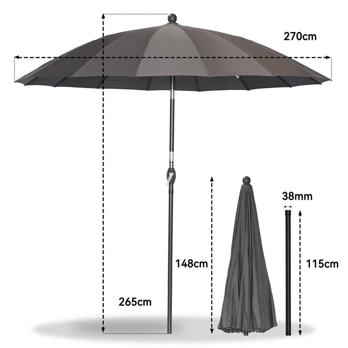 Ø 270cm Rund Sonnenschirm mit Neigung, Terrassenschirm mit Kurbel, mit UV-Schutz 50+