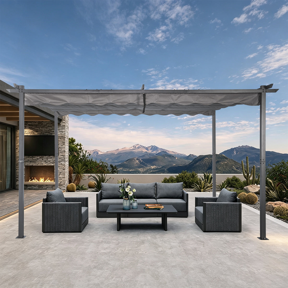 Angel Living Pergola aus einer Stahl-Aluminium-Kombination mit einziehbarem Dach, wasserdichtes Dach aus Polyester mit PU-Beschichtung, UV-beständig, für den Außenbereich: Garten, Terrasse
