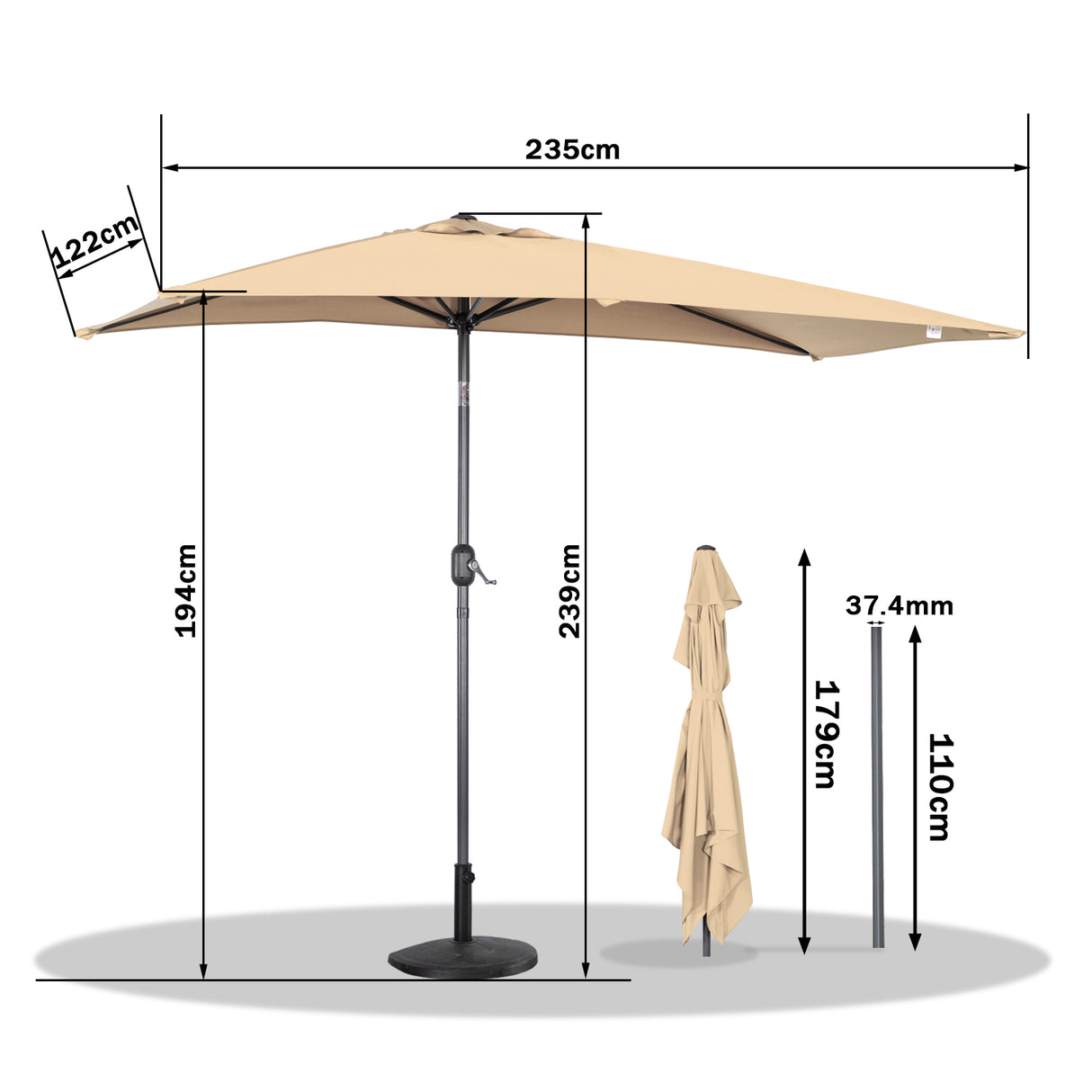 Angel Living Halbrunder Sonnenschirm 235x122cm für Balkon & Terrasse, Neigt Vorwärts/Rückwärts, Aluminium-Kurbel, UV-Schutz, Ideal für Garten, Terrasse, Balkon und Außenbereich