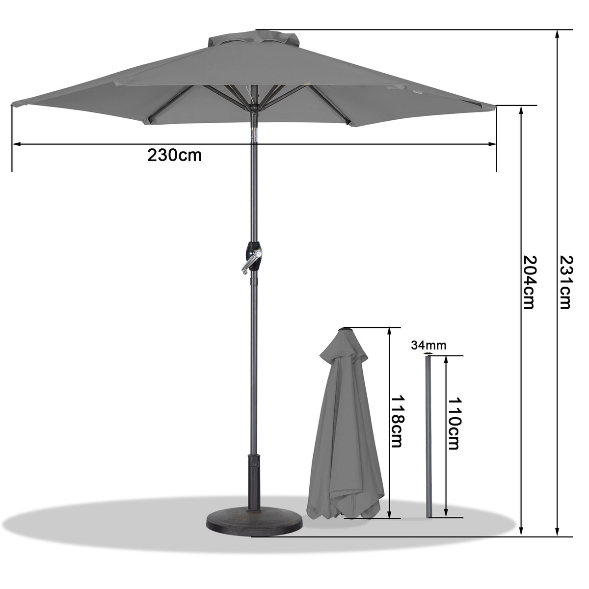 Angel Living Sonnenschirm 2.3M mit Kurbel und Neigbar, Gartenschirm Marktschirm Terrassenschirm Taupe Rund Sonneschirm Sonnenschutz aus Polyester UV50+
