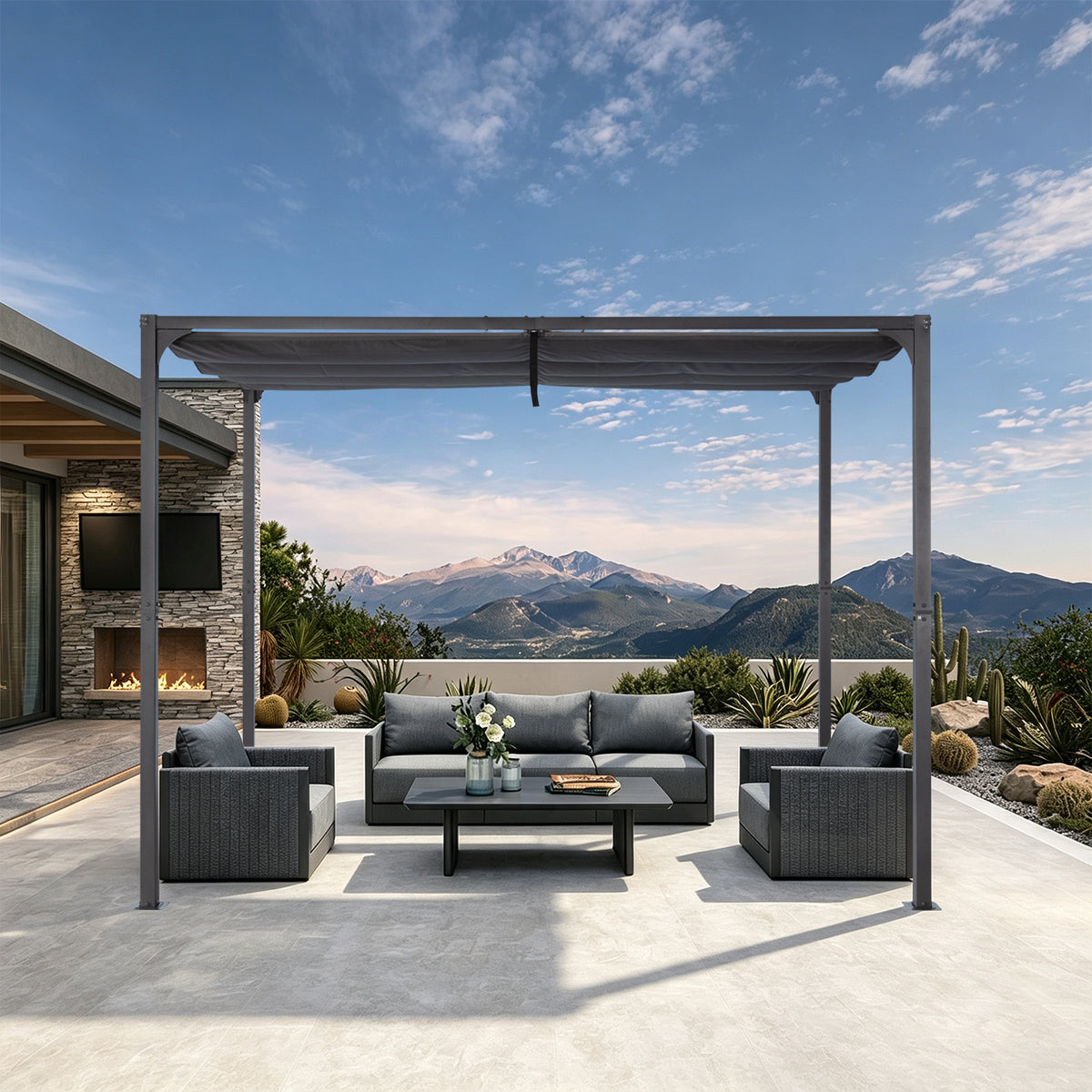 Angel Living Pergola aus einer Stahl-Aluminium-Kombination, 3 x 2 m, mit einziehbarem Dach, wasserdichtes Dach ohne Einfassung aus Polyester mit PU-Beschichtung, UV-beständig, für den Außenbereich: Garten, Terrasse