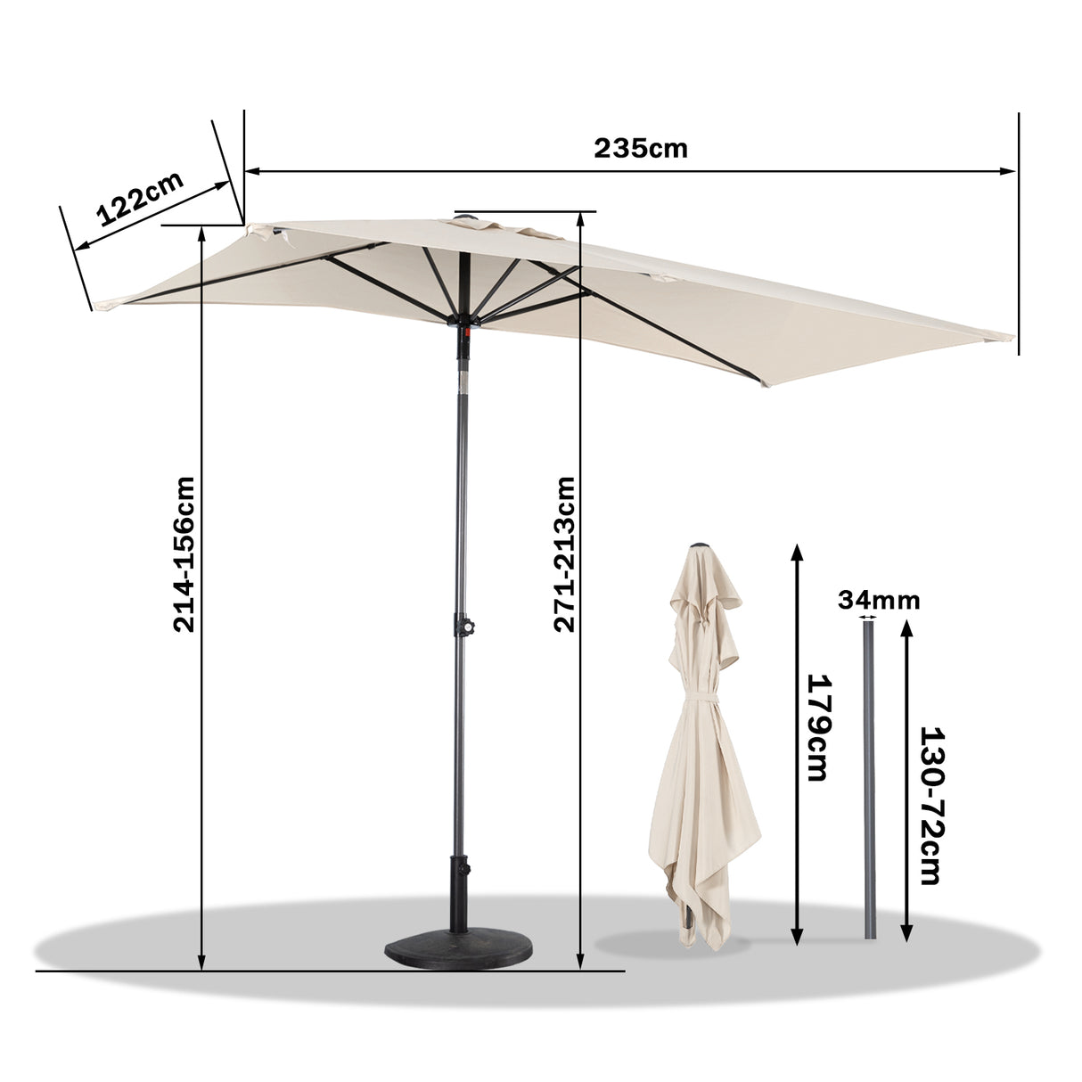 Angel Living Halbrunder Sonnenschirm 235x122cm für Balkon & Terrasse, Schwenkbar links/rechts, Aluminium-Kurbel, UV-Schutz
