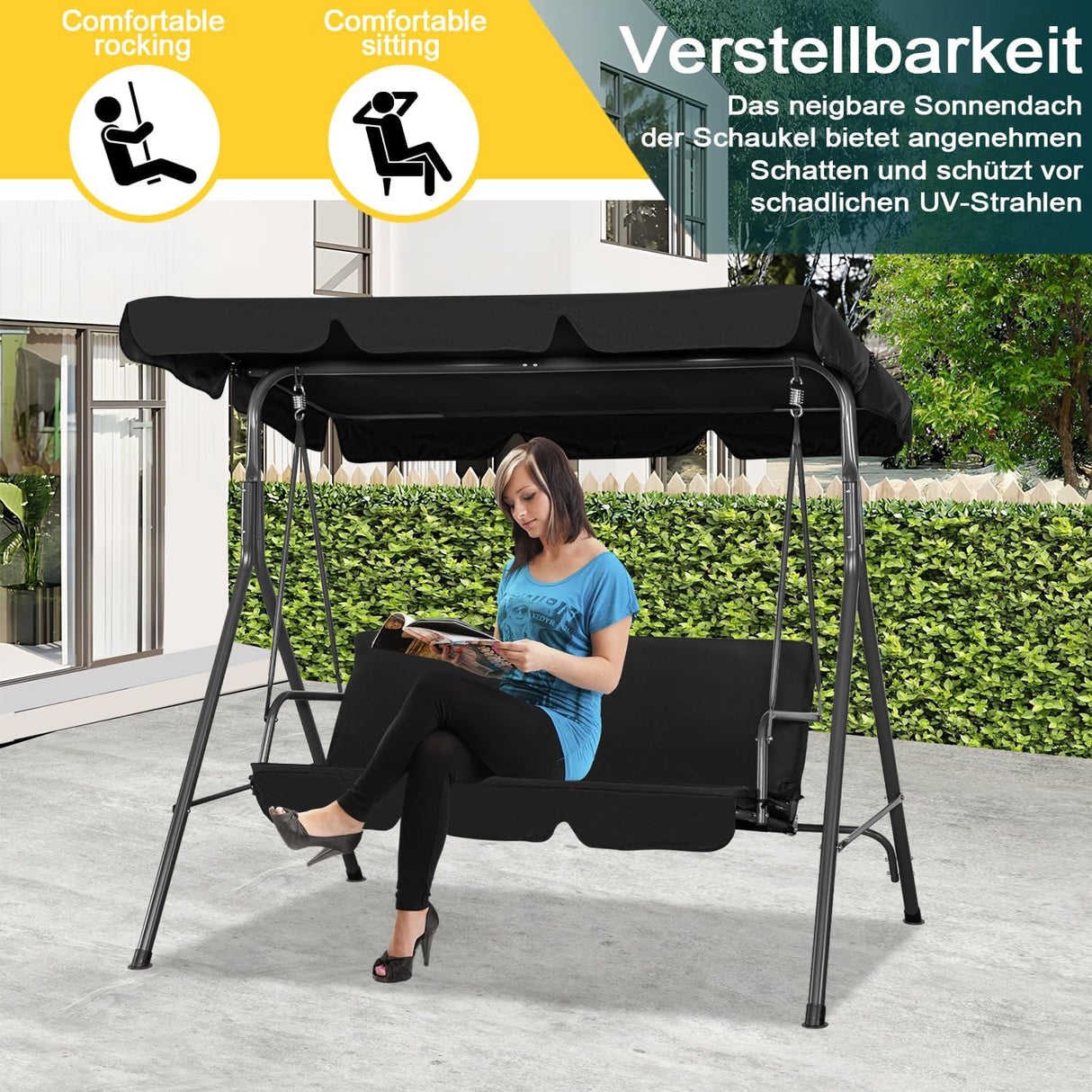 Hollywoodschaukel Gartenschaukel 3 Sitzer mit Sonnenschutz 173x110x151cm