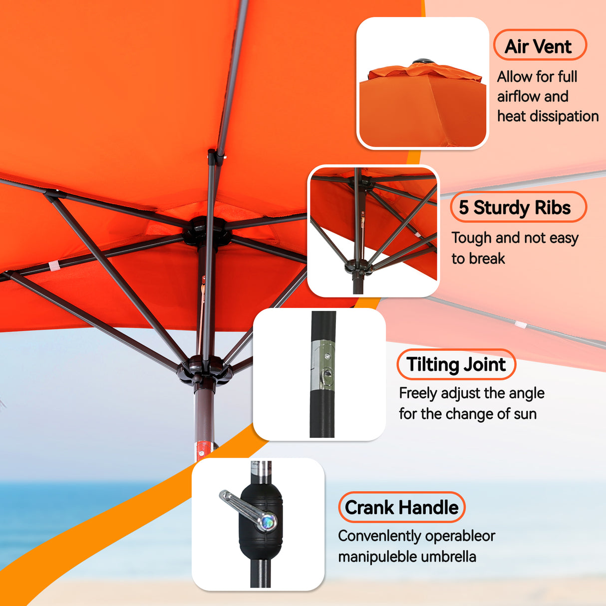 Angel Living 270cm semicircular parasol, market umbrella, patio umbrella with crank for garden, patios, courtyards, swimming pools, with UV protection 40+