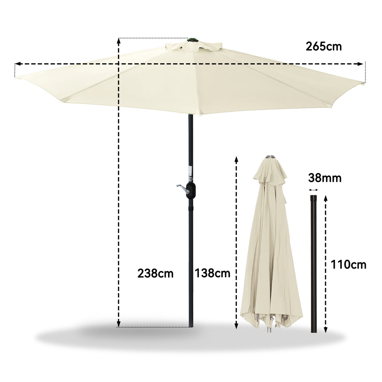 270cm Halbrund Sonnenschirm,Terrassenschirm mit Kurbel, mit UV-Schutz 40+