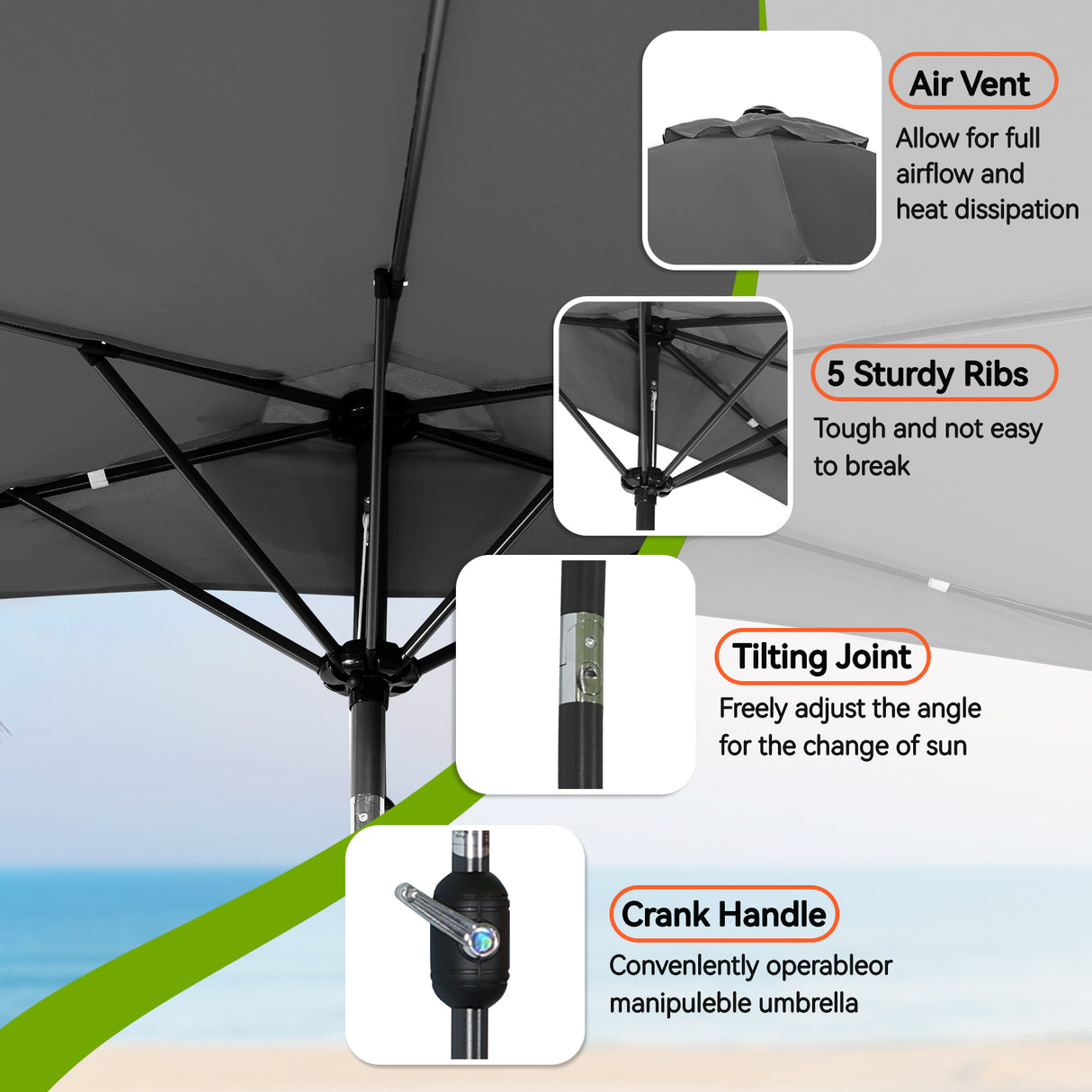 Angel Living 270cm semicircular parasol, market umbrella, patio umbrella with crank for garden, patios, courtyards, swimming pools, with UV protection 40+