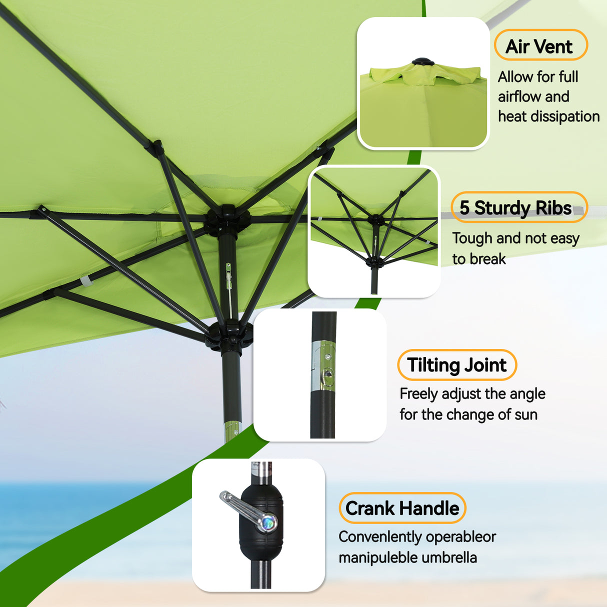 Angel Living 270cm semicircular parasol, market umbrella, patio umbrella with crank for garden, patios, courtyards, swimming pools, with UV protection 40+