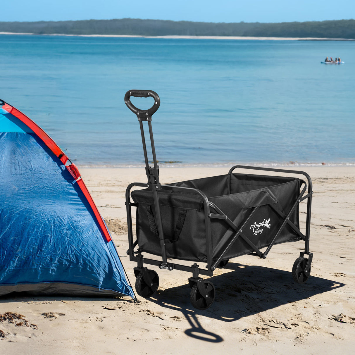Angel Living Bollerwagen Faltbar 200L mit Tragkraft bis 100KG, Handwagen Klappbar, Faltbarer Campingwagen mit Höhenverstellbarem Griff, Leicht und Platzsparend, Stabil, 600D Oxford-Gewebe, Schwarz