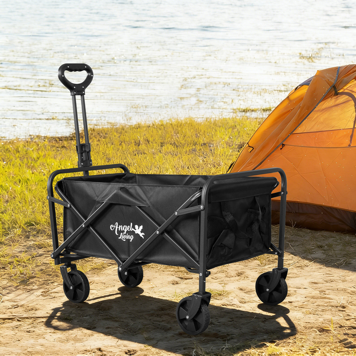 Angel Living Bollerwagen Faltbar 200L mit Tragkraft bis 100KG, Handwagen Klappbar, Faltbarer Campingwagen mit Höhenverstellbarem Griff, Leicht und Platzsparend, Stabil, 600D Oxford-Gewebe, Schwarz