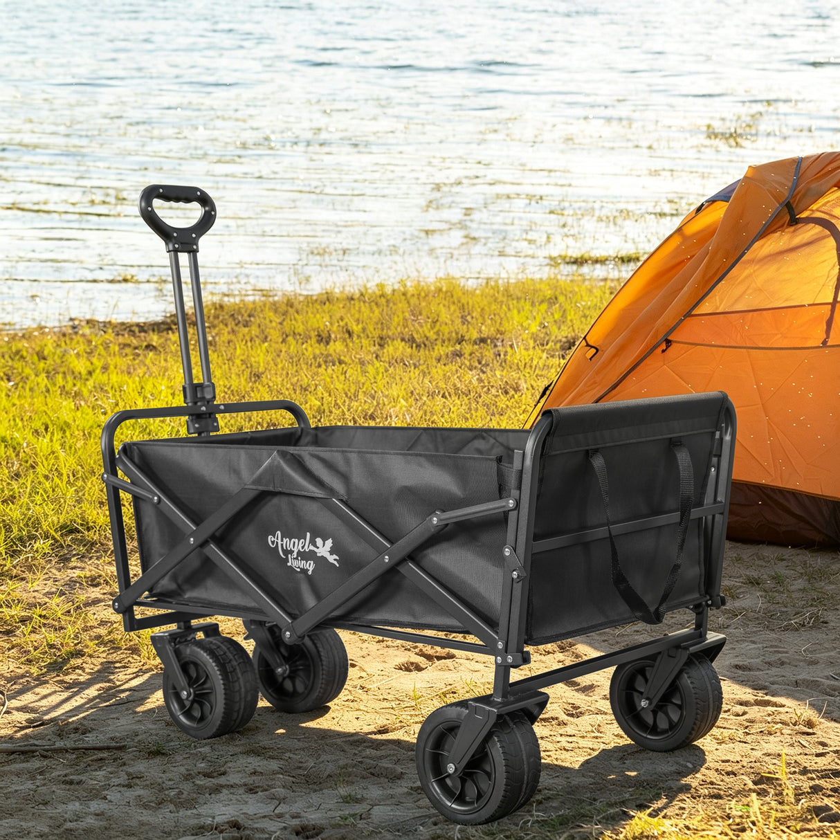 Angel Living Bollerwagen Faltbar 350L mit tragkraft bis150KG, Handwagen Klappbar, Faltbarer Campingwagen mit höhenverstellbarem Griff und hinterer Türöffnung, leicht und platzsparend, stabil