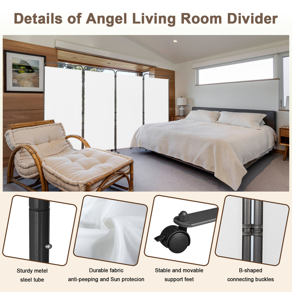 Angel Living Paravent 4 Teilig 324x184 cm, Faltbare Trennwand Spanische Wand Raumteiler, Dekorativer Paravent als Raumtrenner für Wohnzimmer Büro Balkon
