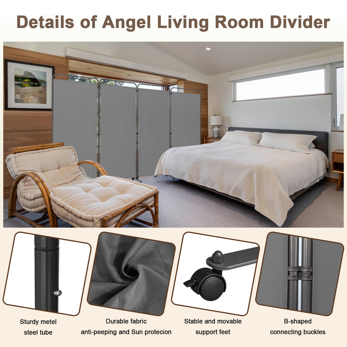 Angel Living Paravent 4 Teilig 324x184 cm, Faltbare Trennwand Spanische Wand Raumteiler, Dekorativer Paravent als Raumtrenner für Wohnzimmer Büro Balkon