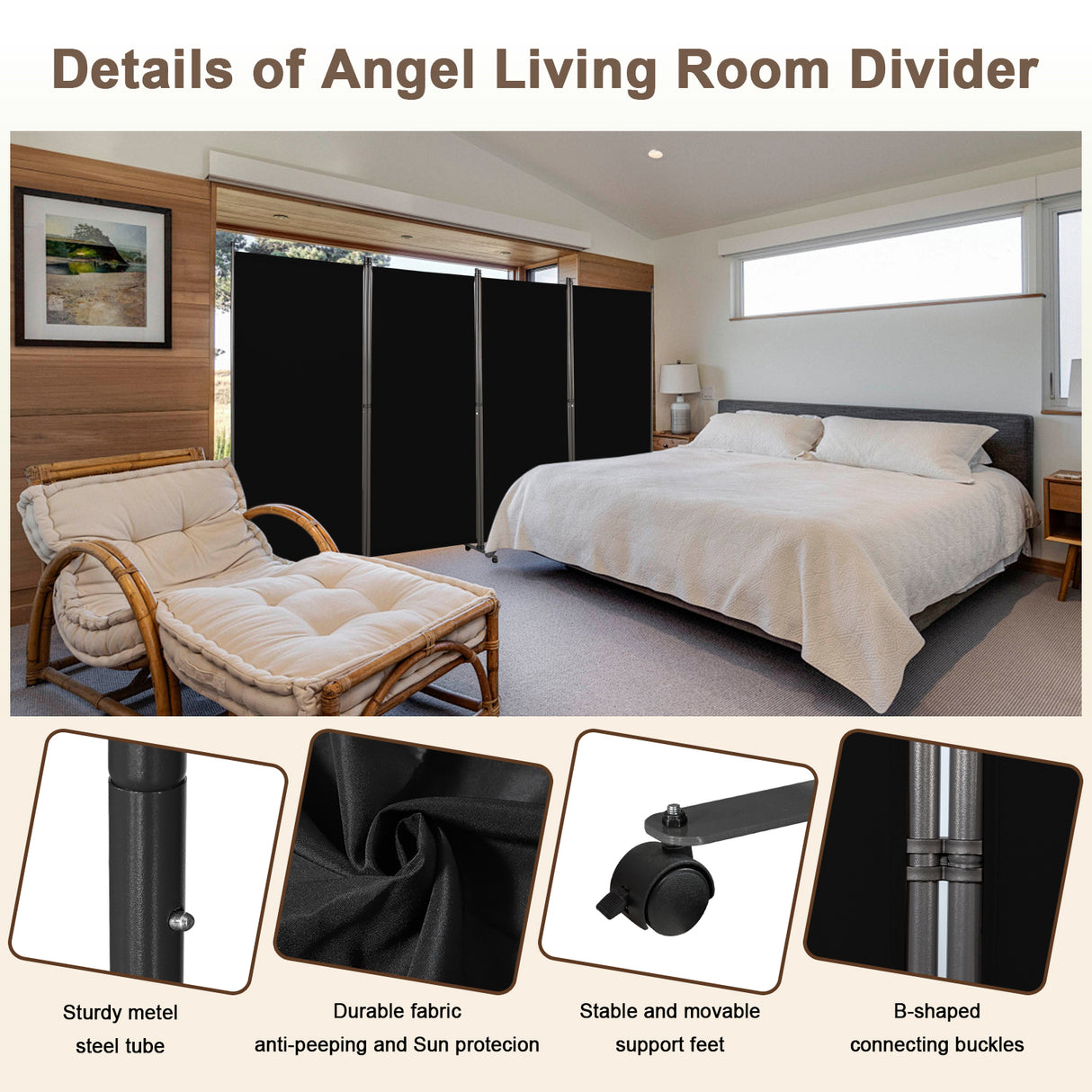 Angel Living Paravent Raumteiler 4 Teilig 324x180 cm, Faltbare Trennwand Spanische Wand, Dekorativer Paravent als Raumtrenner für Wohnzimmer Büro Balkon