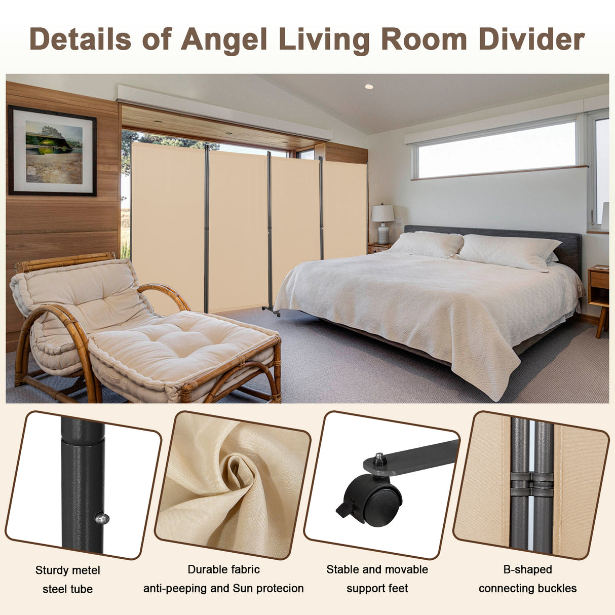 Angel Living Paravent Raumteiler 4 Teilig 324x180 cm, Faltbare Trennwand Spanische Wand, Dekorativer Paravent als Raumtrenner für Wohnzimmer Büro Balkon