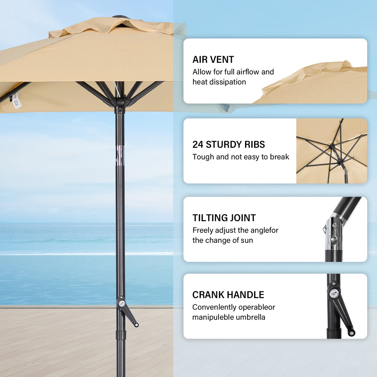 Angel Living Sonnenschirm 2M mit Kurbel und Neigbar, Gartenschirm Marktschirm Terrassenschirm Taupe Rund Sonneschirm Sonnenschutz aus Polyester UV50+
