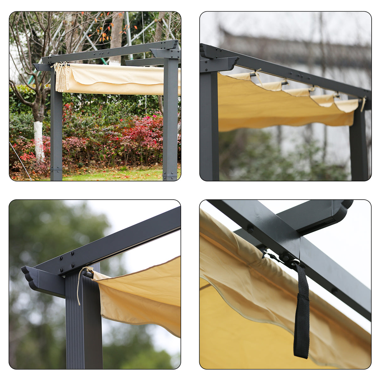 Pergola aus Aluminium in anthrazit, Dachrohre aus Stahl, Verstellbares Dach aus Polyester