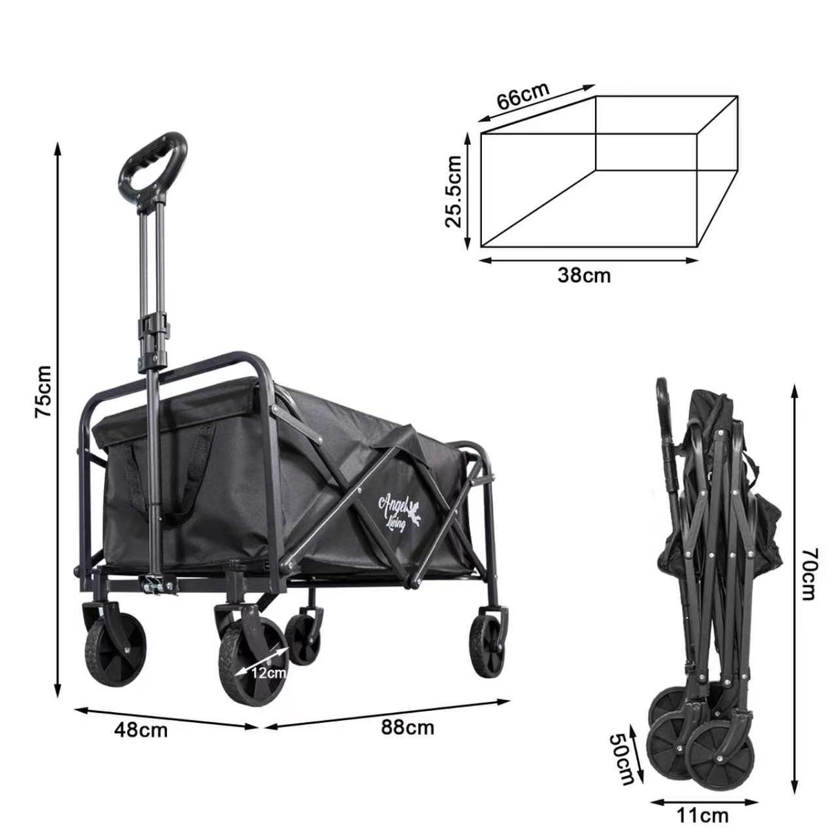 Angel Living Bollerwagen Faltbar 200L mit Tragkraft bis 100KG, Handwagen Klappbar, Faltbarer Campingwagen mit Höhenverstellbarem Griff, Leicht und Platzsparend, Stabil, 600D Oxford-Gewebe, Schwarz