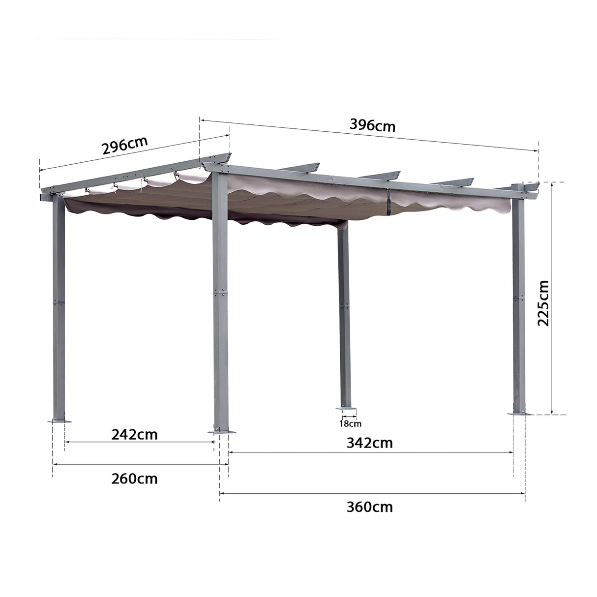 Pergola aus Aluminium in anthrazit, Dachrohre aus Stahl, Verstellbares Dach aus Polyester