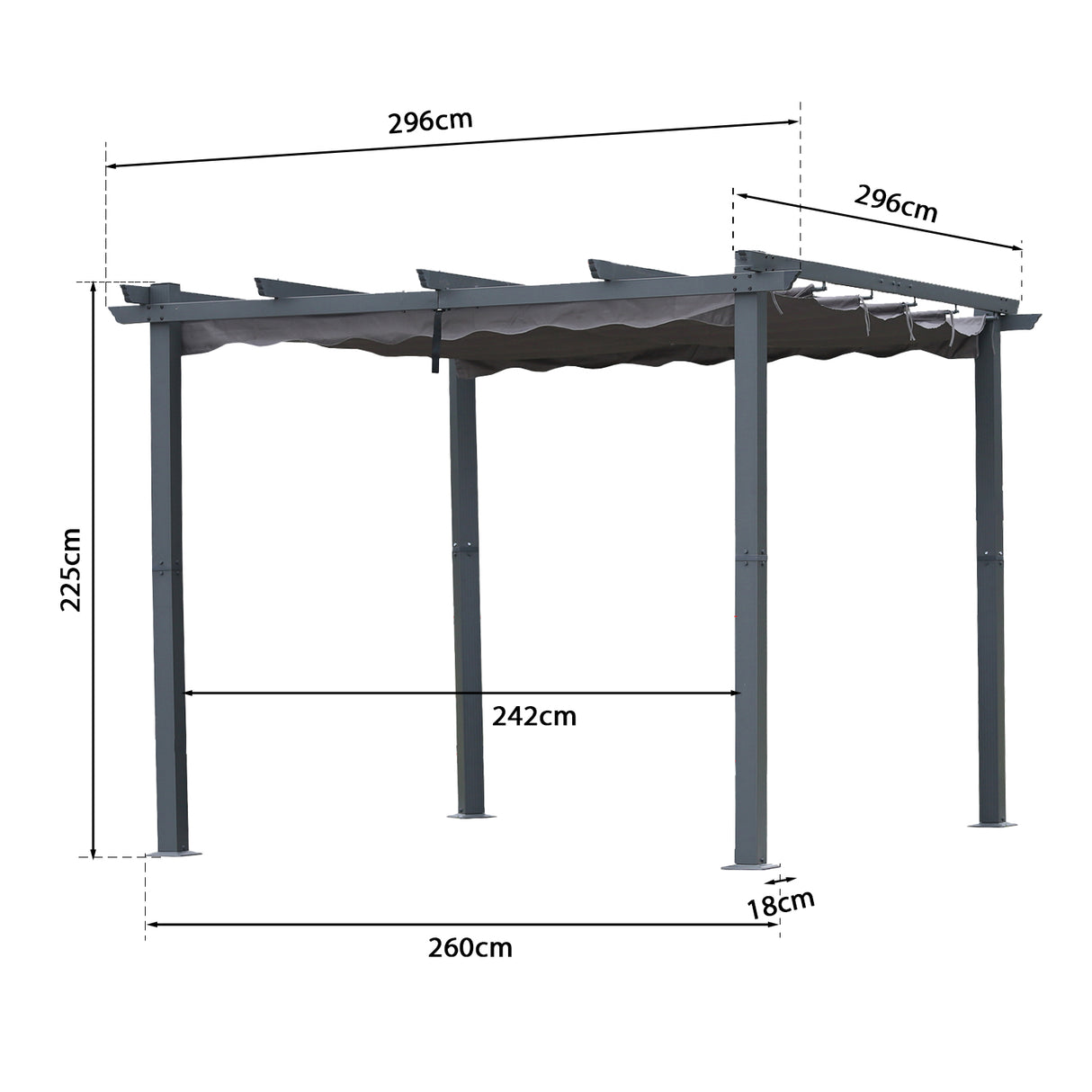 Pergola aus Aluminium in anthrazit, Dachrohre aus Stahl, Verstellbares Dach aus Polyester
