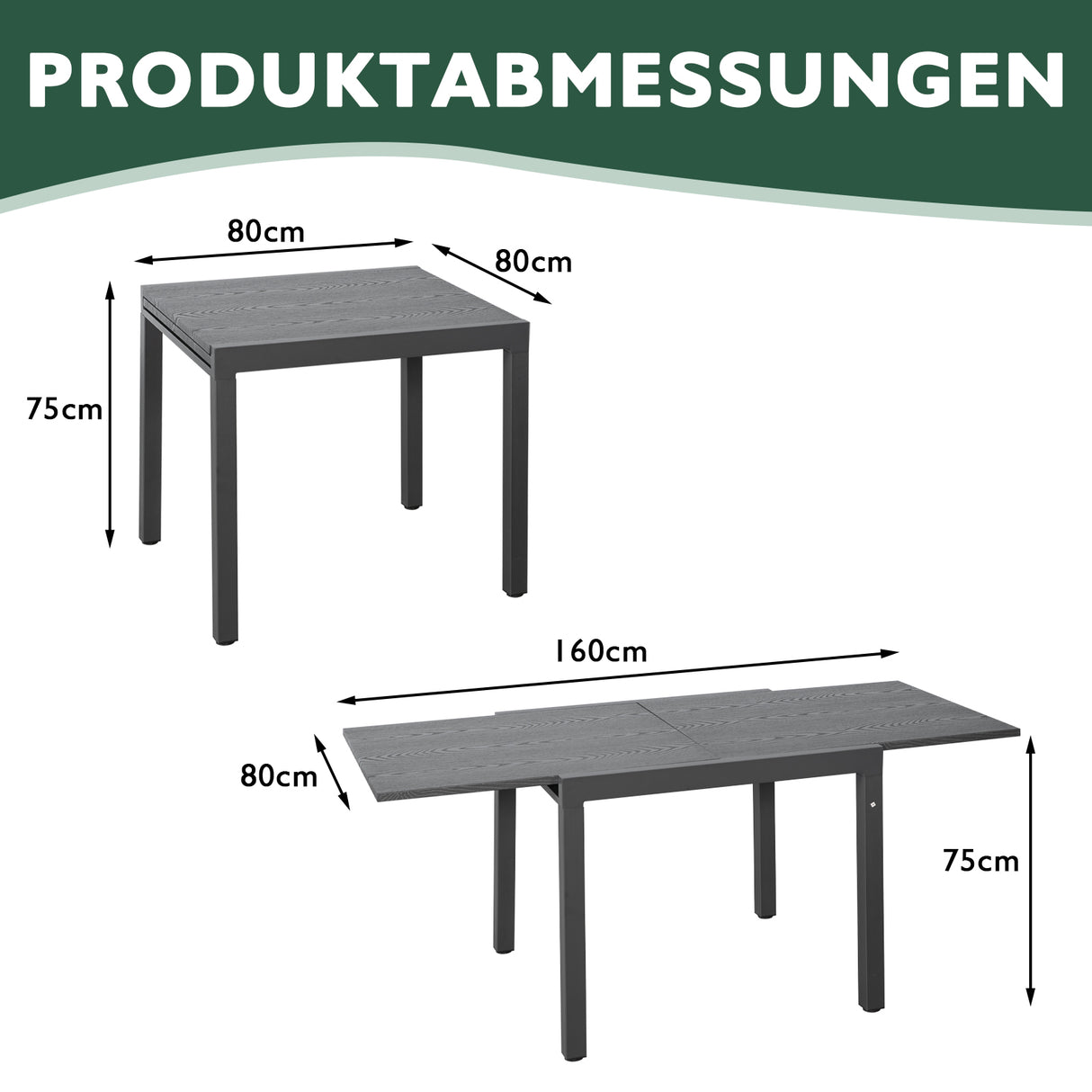 Angel Living Ausziehbarer Gartentisch, Ausziehbarer Außentisch aus Aluminium und Stahl, Gartenmöbel für Balkone und Terrassen, ausziehbar bis 160 cm, 80 x 80 x 75 cm, Dunkelgrau