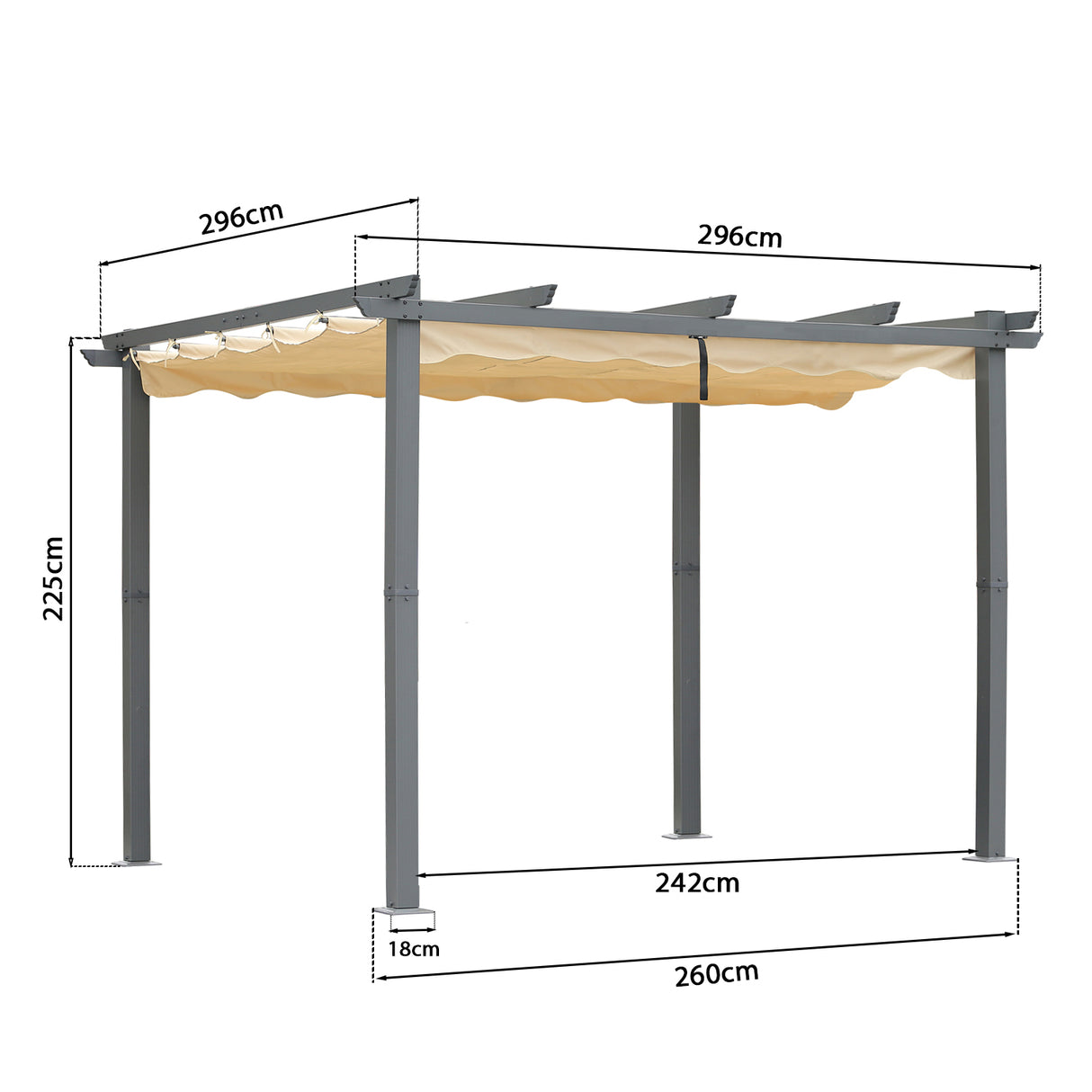 Pergola aus Aluminium in anthrazit, Dachrohre aus Stahl, Verstellbares Dach aus Polyester