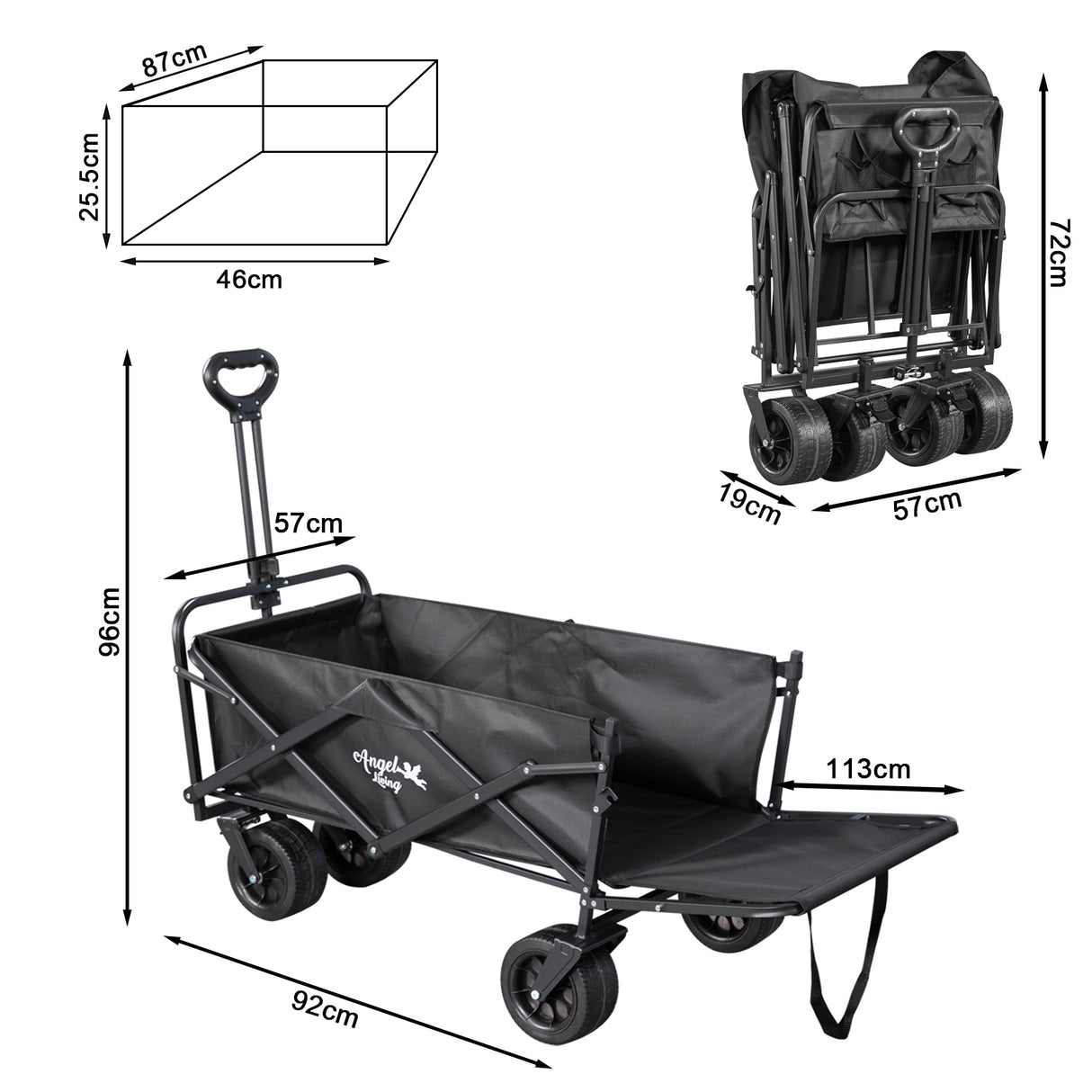 Angel Living Bollerwagen Faltbar 350L mit tragkraft bis150KG, Handwagen Klappbar, Faltbarer Campingwagen mit höhenverstellbarem Griff und hinterer Türöffnung, leicht und platzsparend, stabil
