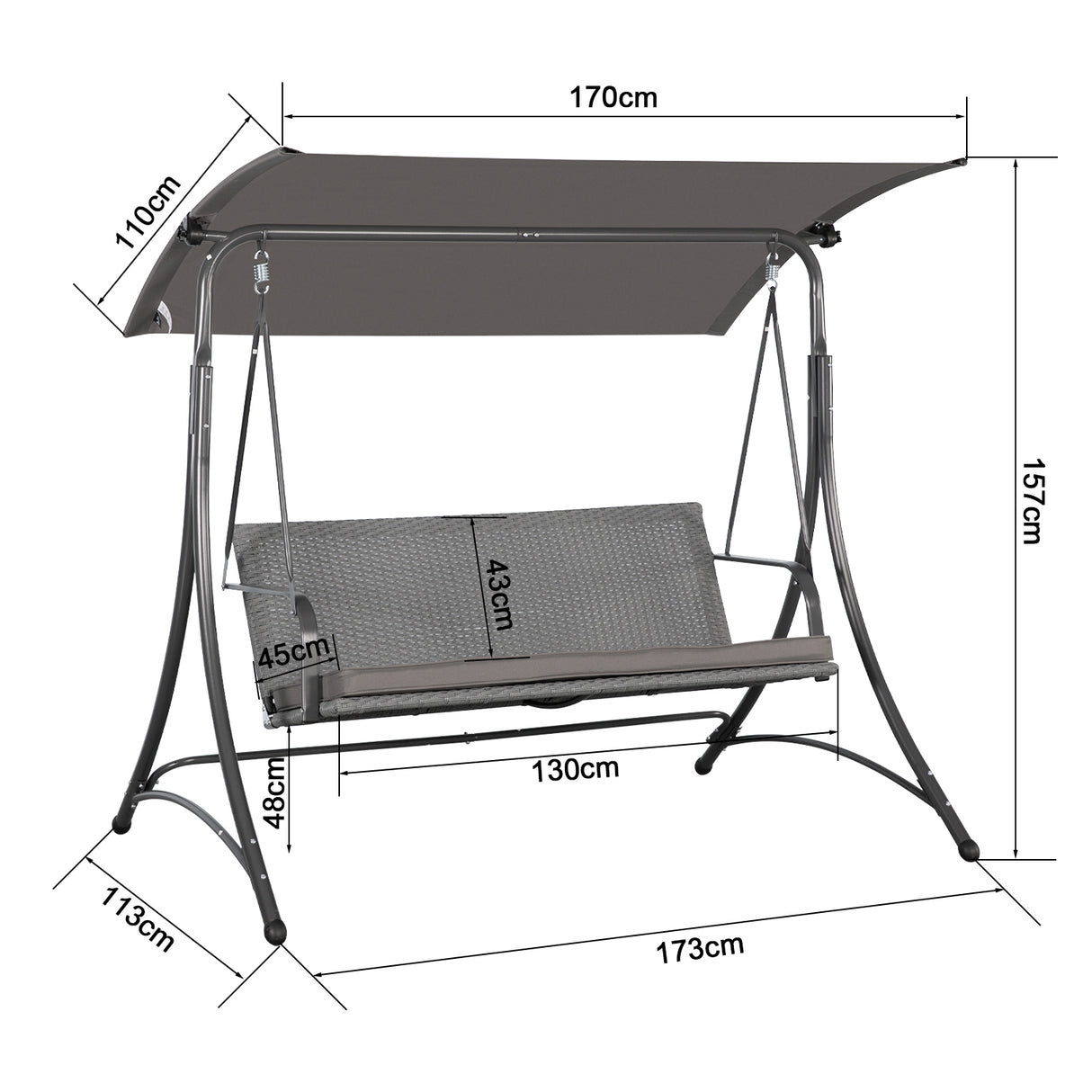 Angel Living Hollywoodschaukel Gartenschaukel Rattan 3-Sitzer mit Sonnendach und Sitzbezug170 x 110 x 157 cm